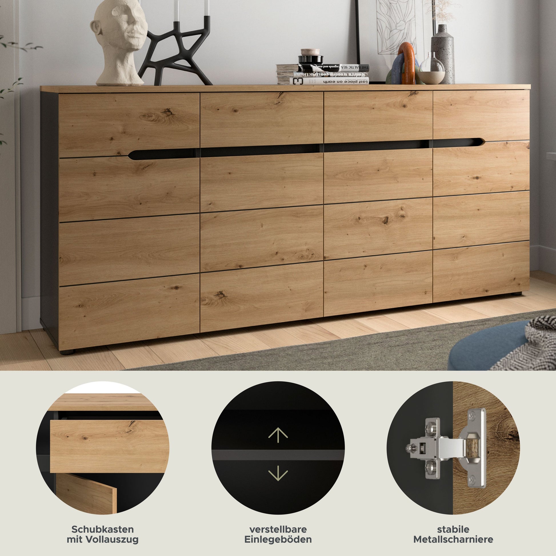 Homes & Jones-Kommode in Holzoptik mit schwarzem Griff und geschlossenen Fronttüren