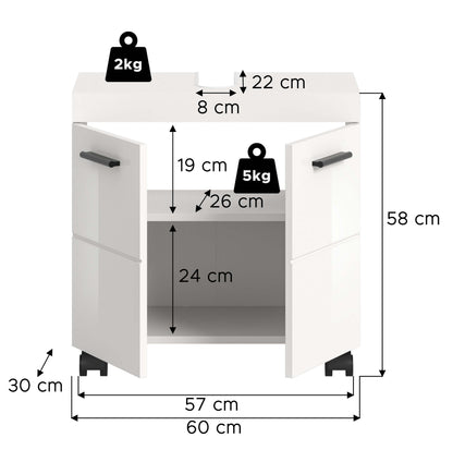 Meuble bas de lavabo à roulettes NOVA (L/H/P : env. 60/58/30 cm) en blanc/blanc brillant