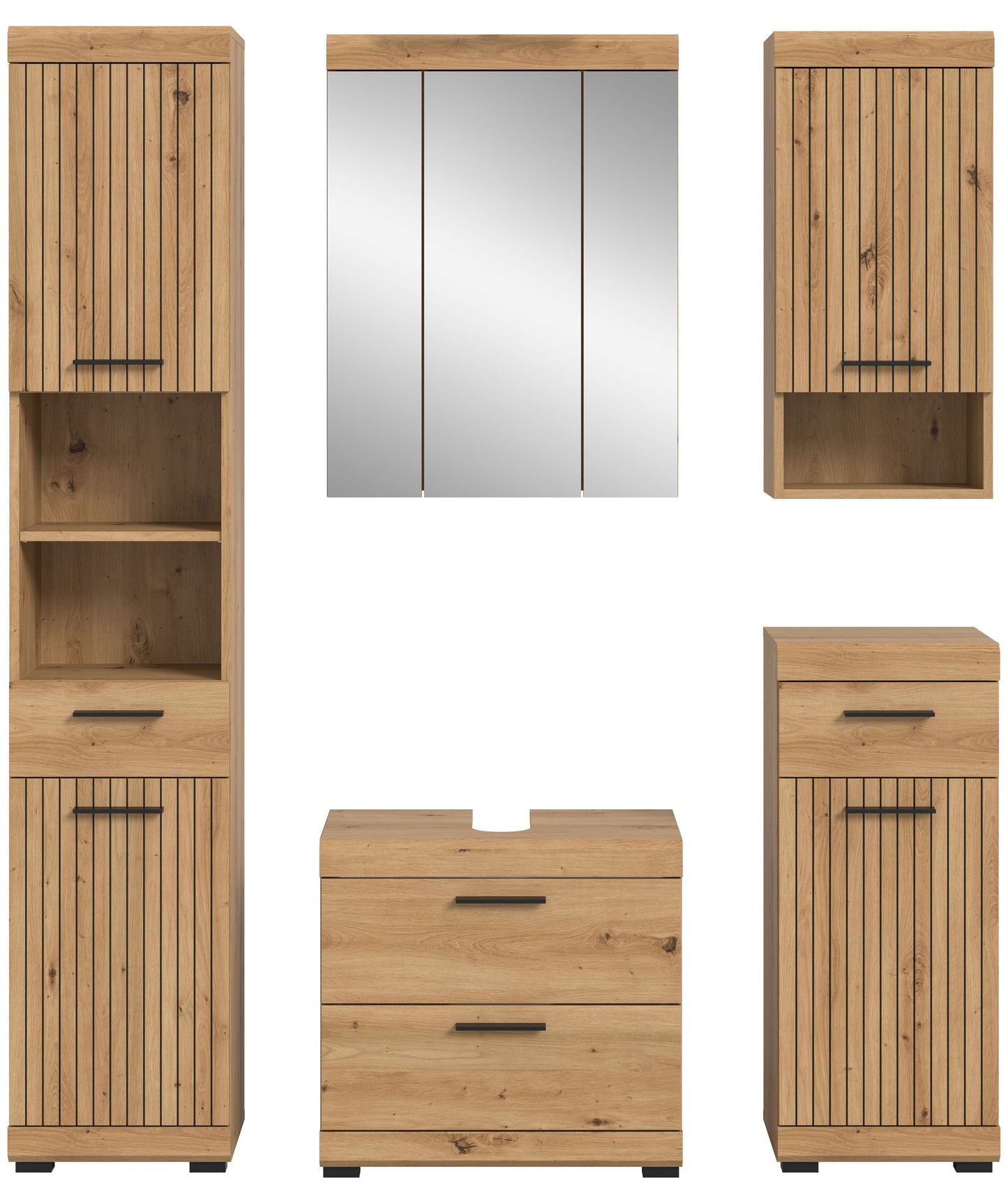 Badezimmerset aus Holzdekor mit Spiegelschrank, Hochschrank und Kommode mit Schubladen