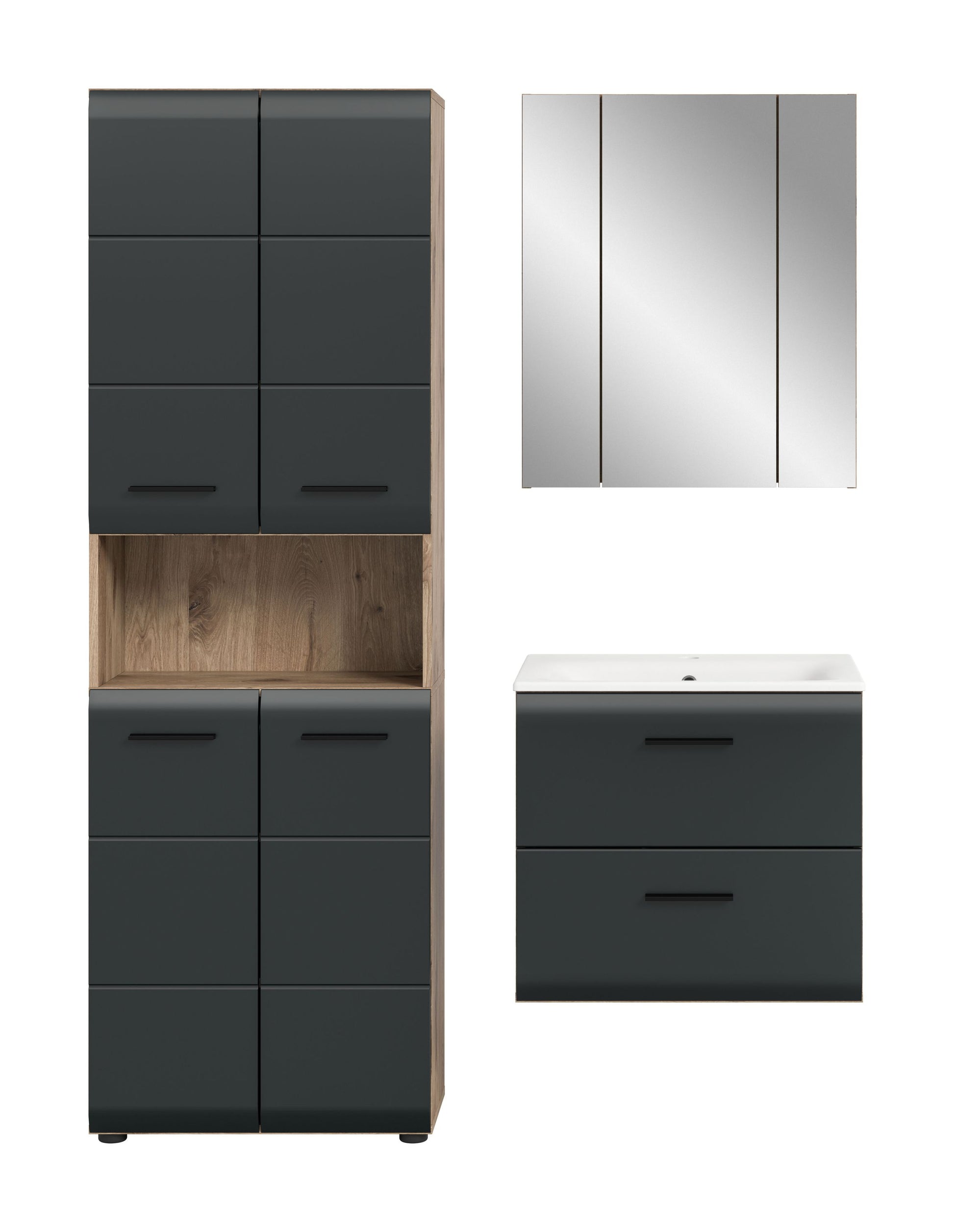 Badmöbel-Set in Holzdekor und dunklem Grau mit Spiegelschrank und Waschtischunterschrank