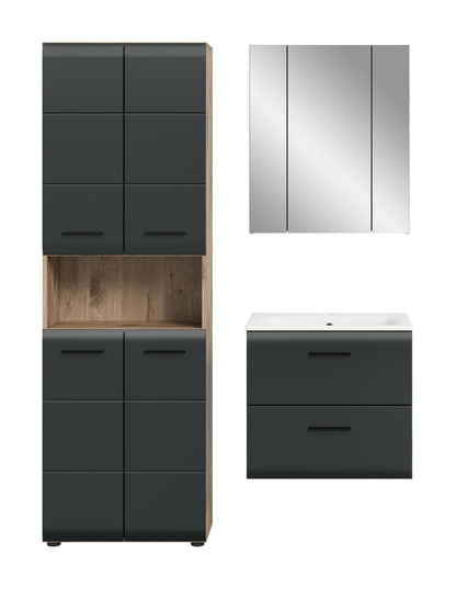 Badmöbel-Set in Holzdekor und dunklem Grau mit Spiegelschrank und Waschtischunterschrank