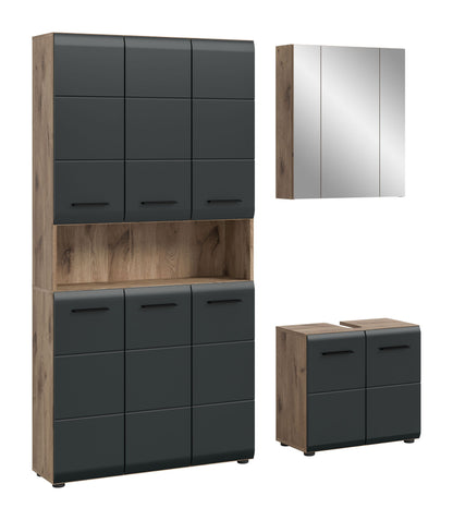 Badmöbel-Set in Dunkelgrau: Hochschrank mit Fächern, Schubladen und Spiegelschrank