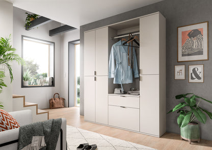 Garderobenschrank im Wohnraum, weiß, mit Garderobenstange, Schubladen und offenen Fächern