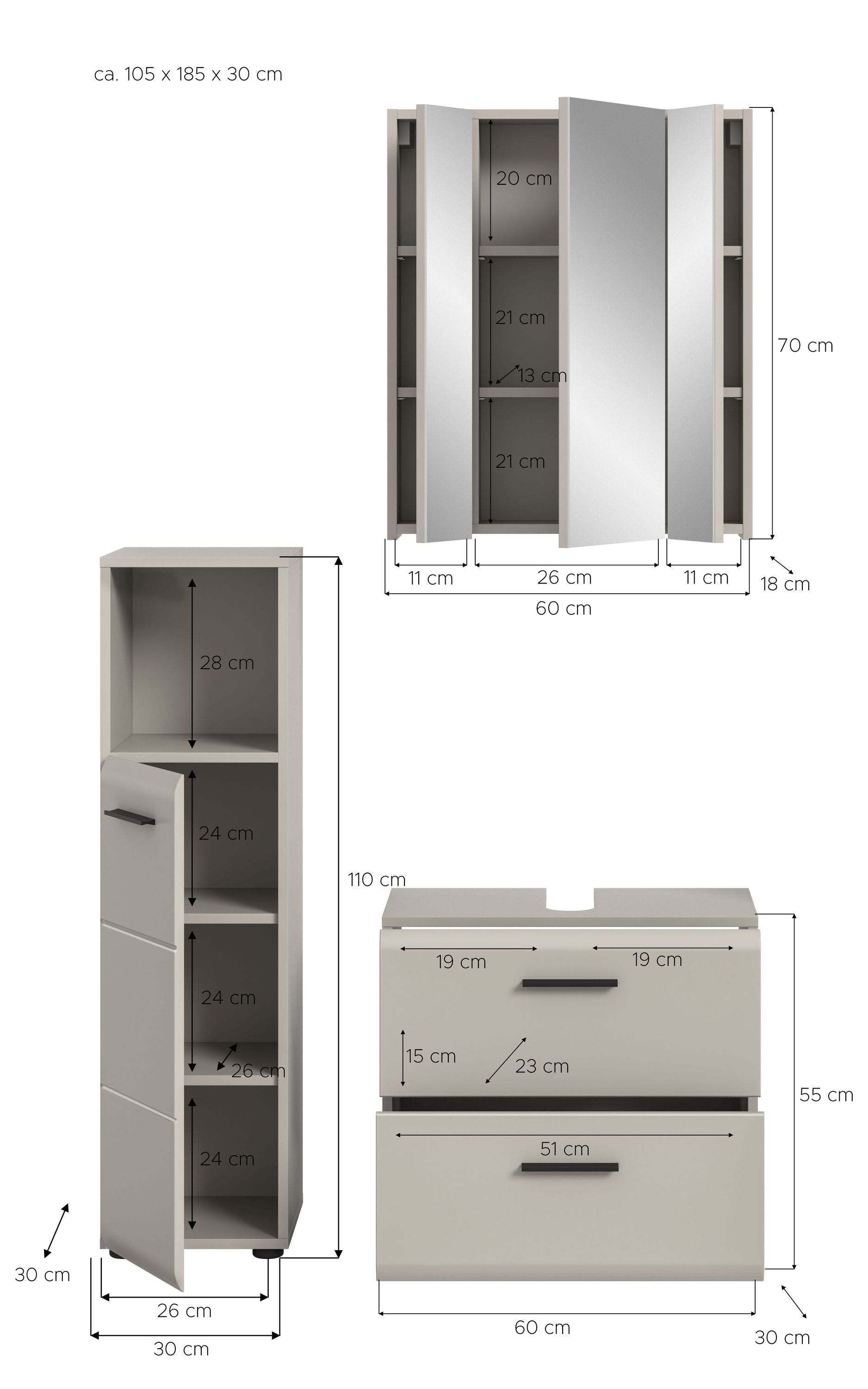 Badezimmer-Set (3-tlg.): Hochschrank und Waschtischunterschrank in Grau/Weiß, mit Spiegelschrank