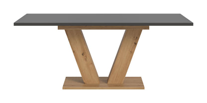 Esstisch mit dunkler Platte und X-Gestell aus hellem Holz, rechteckig