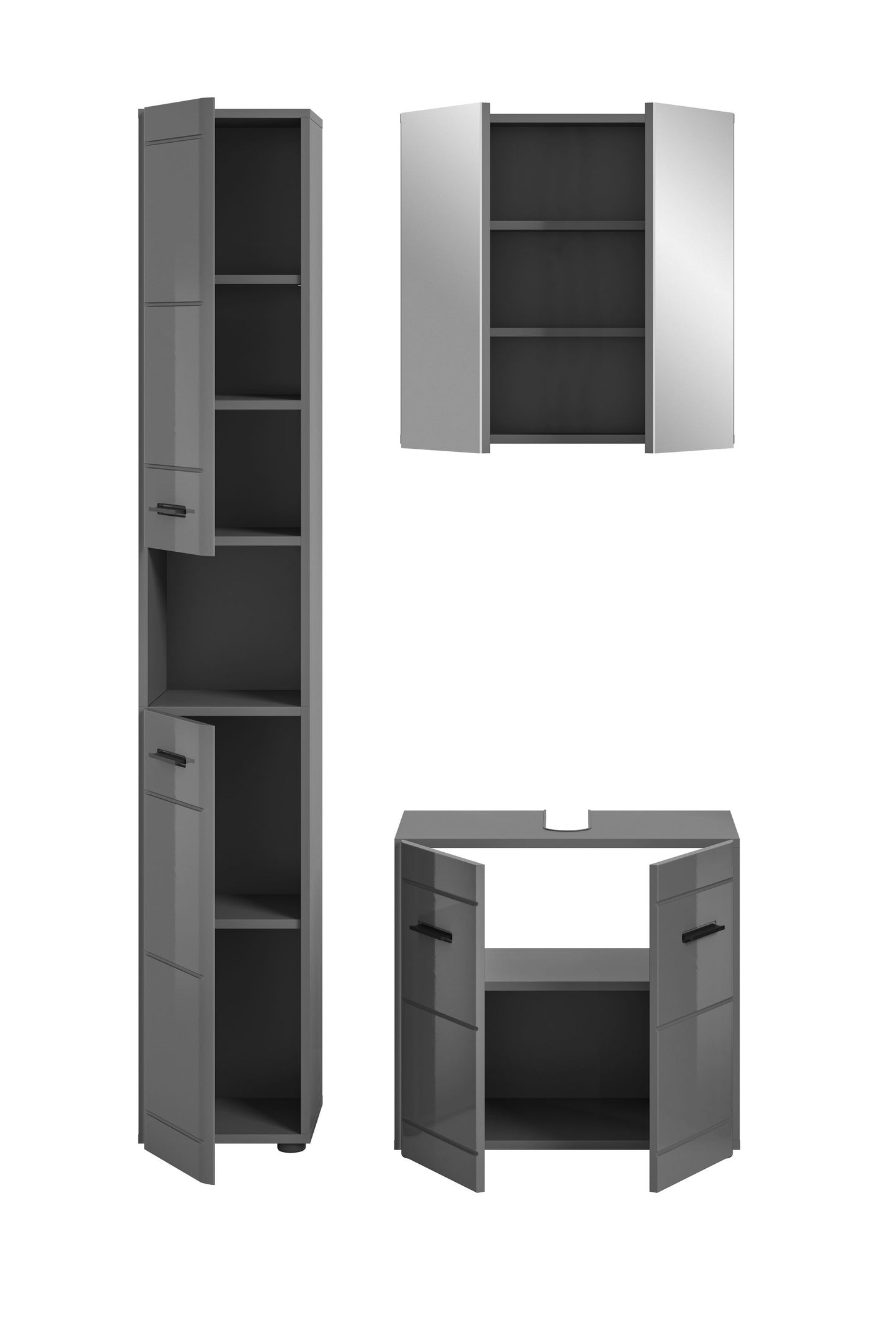 Badspiegelschrank mit offenen Fächern, daneben Hochschrank und Waschtisch-Unterschrank