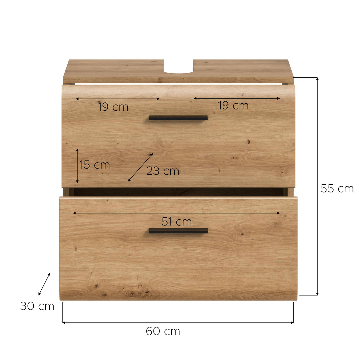 Waschbeckenunterschrank in Holzoptik, 60 cm breit, mit Maßangaben (55 cm Höhe)