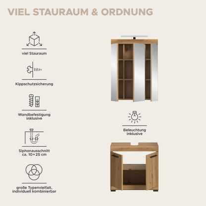 Badezimmerschrank-Set mit Beleuchtung und Spiegelfront, Türen und Fächer für Stauraum