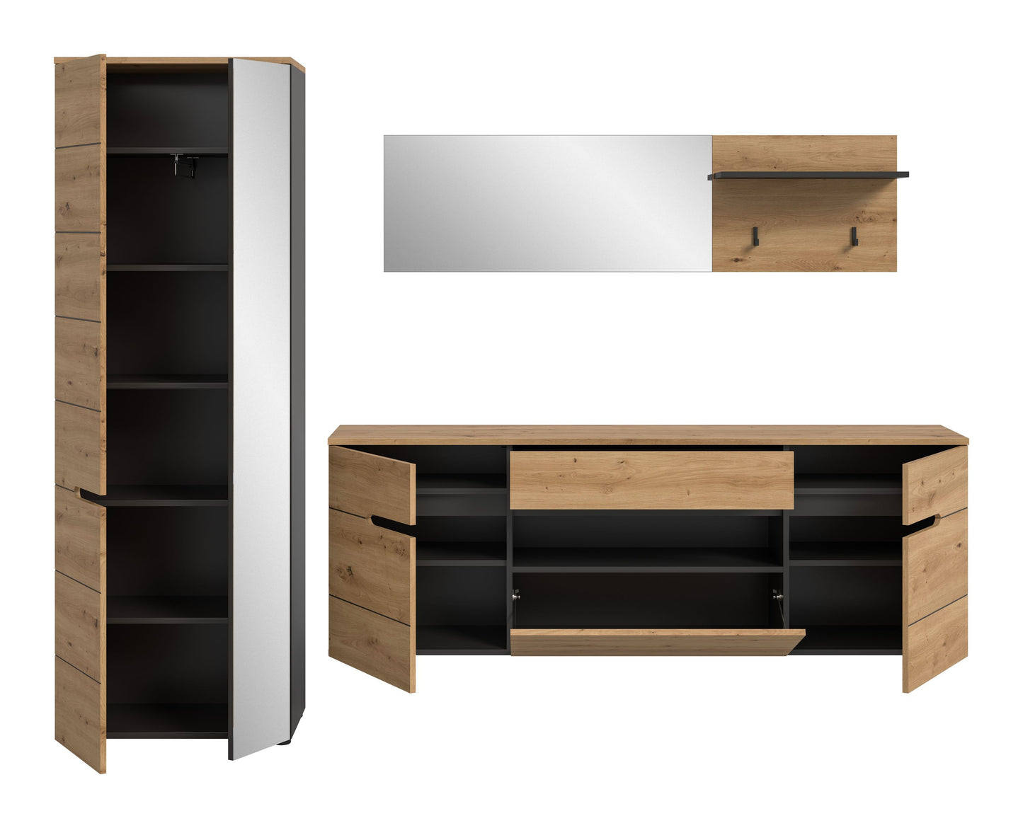 Homes & Jones Garderobenset mit geöffnetem Schrankfach und Hängekommode, Eiche-Look, schwarze Griffe