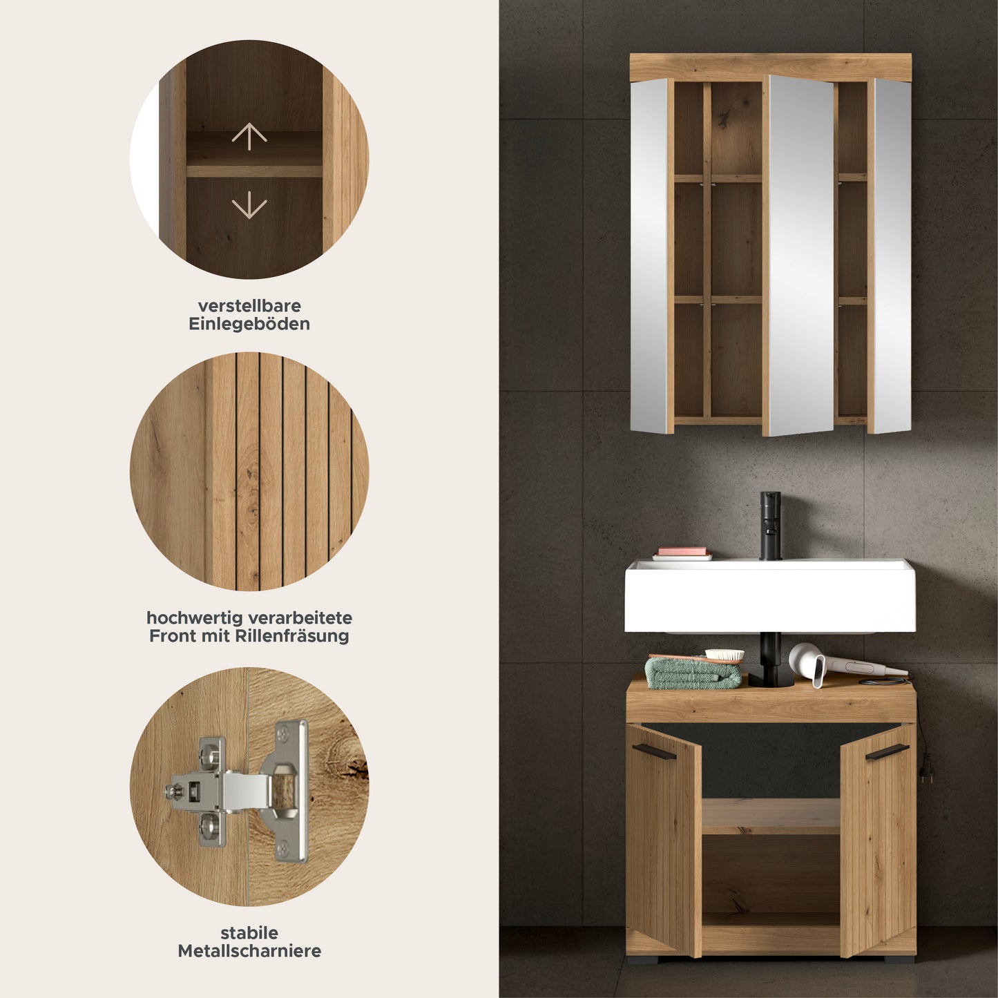 Spiegelschrank und Waschtischunterschrank im Set, Holzoptik