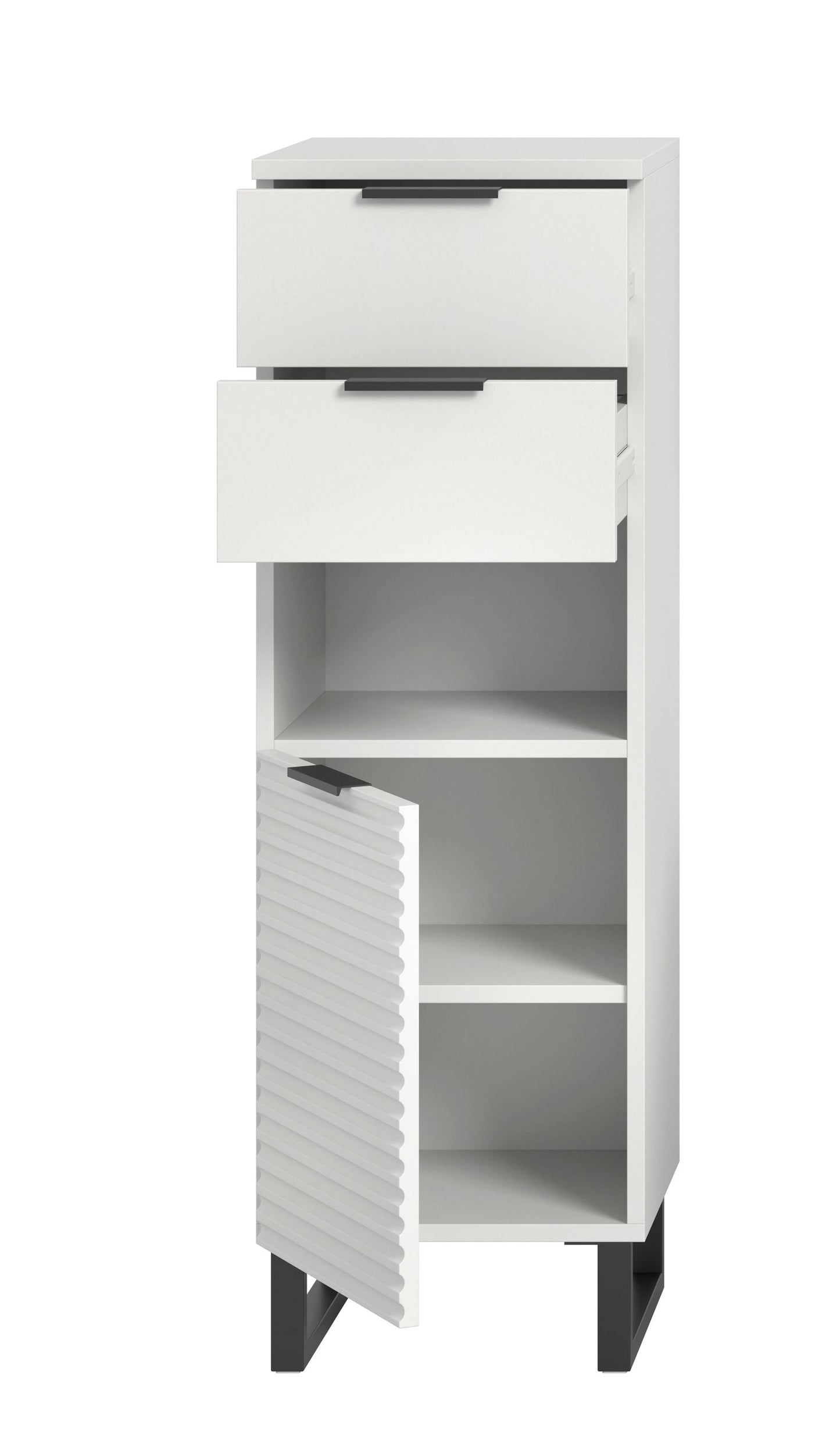Weißer Badschrank mit offenem Fach, Schublade und geriffelter Frontverkleidung