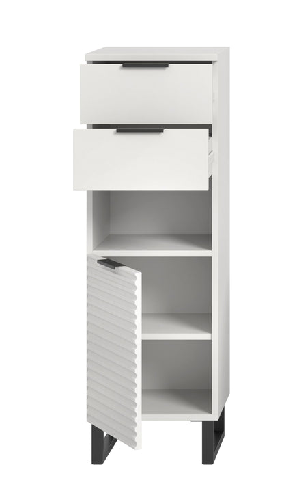 Weißer Badschrank mit offenem Fach, Schublade und geriffelter Frontverkleidung