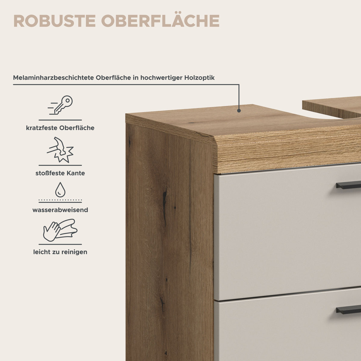 Waschbeckenunterschrank: robuste melaminharzbeschichtete Oberfläche, Holzseite und Griff