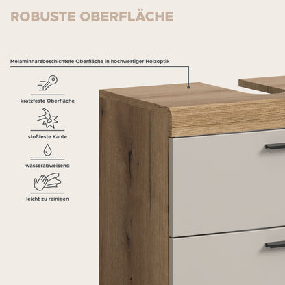 Waschbeckenunterschrank: robuste melaminharzbeschichtete Oberfläche, Holzseite und Griff