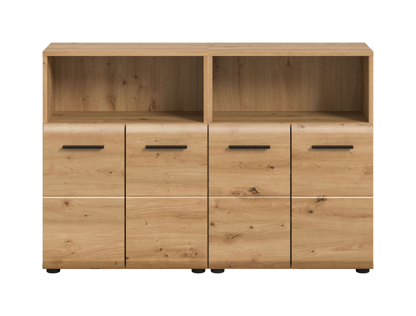 Badmöbelset Holzoptik mit offenen Fächern und vier Türen, flache Schubladen-Optik