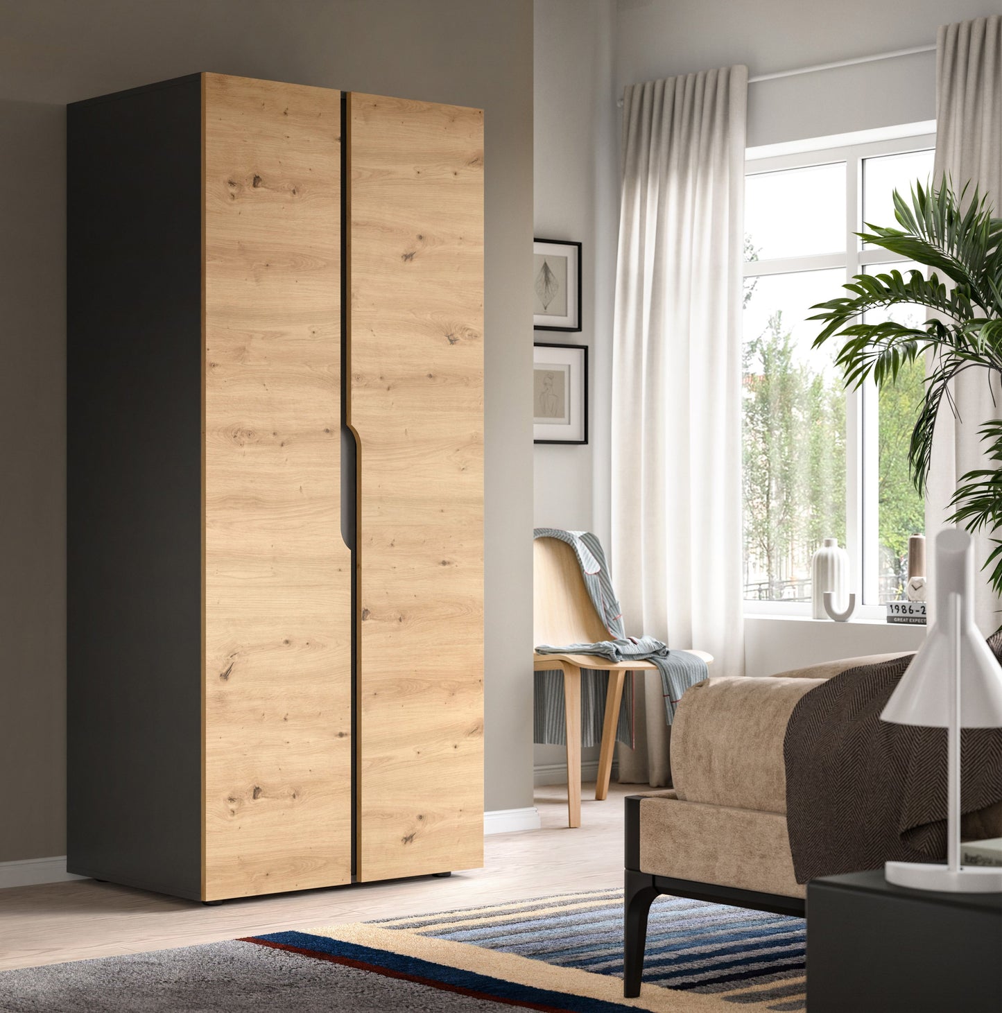 Armoire 2 portes ANGA (L/H/P : env. 80/180/51 cm) en anthracite/imitation chêne Artisan