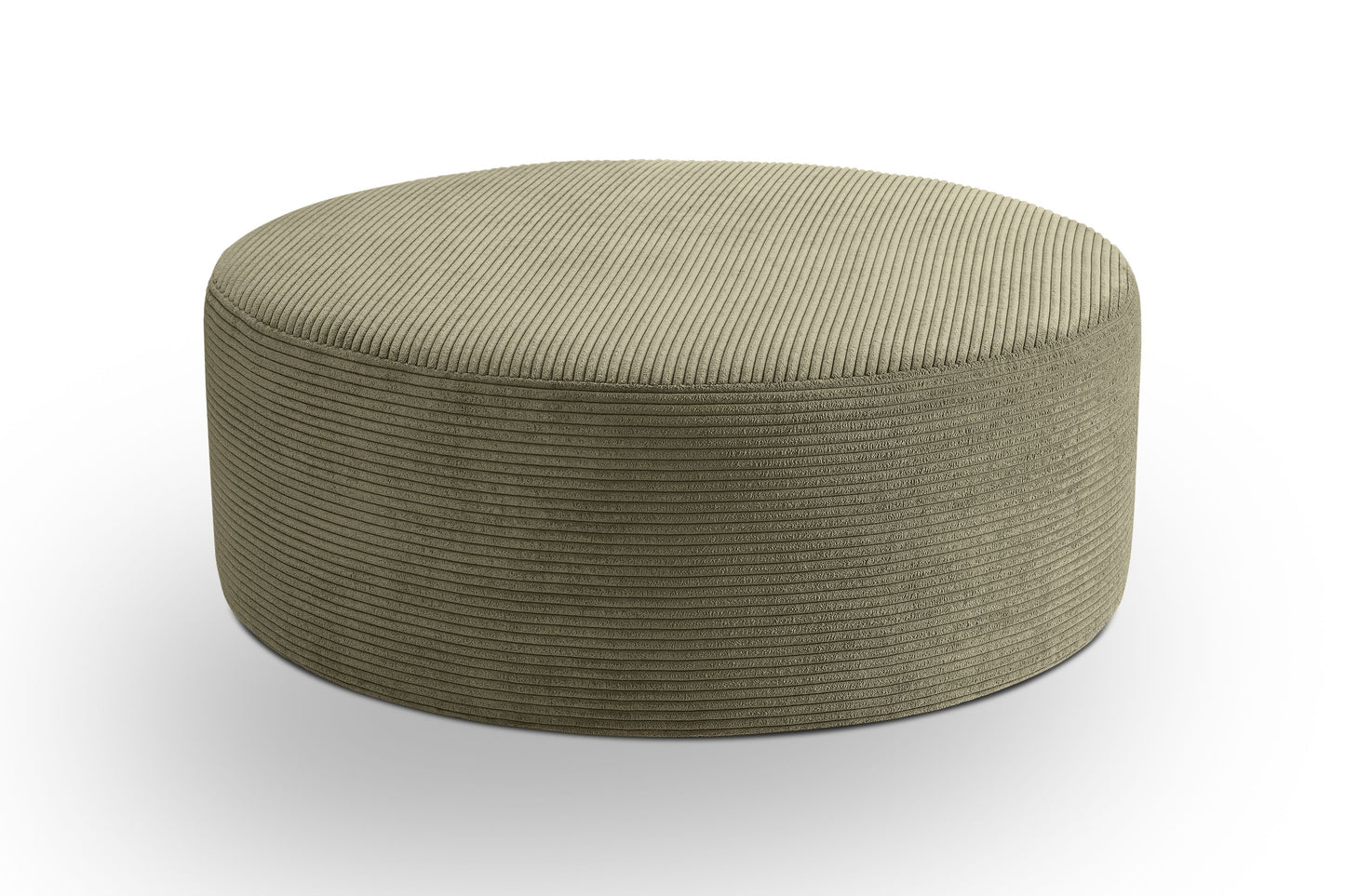 Runder Cord-Hocker mit weicher Polsterung, khaki, Nahansicht der Oberseite und Seiten