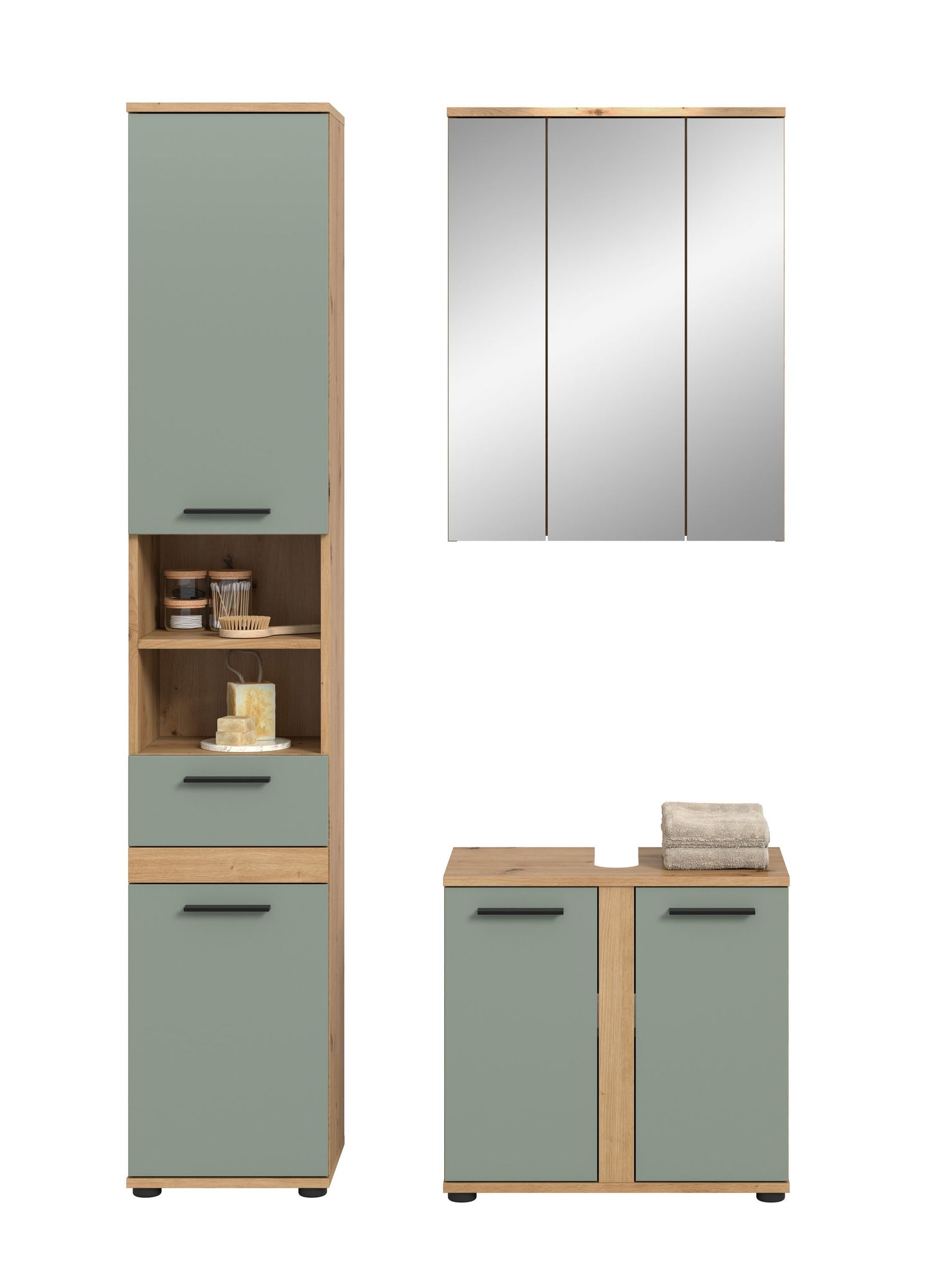 Homes & Jones Badmöbel-Set mit Hochschrank, Unterschränken und dreiteiligem Spiegelschrank