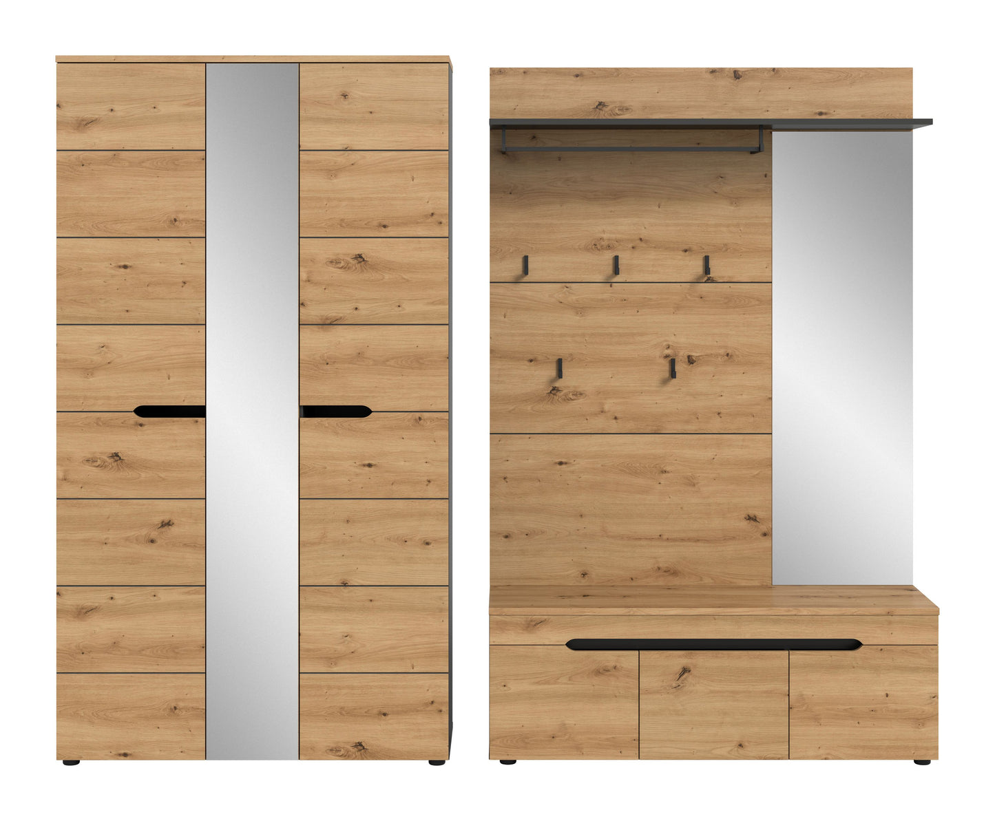 Garderobenmöbel-Set mit Schrankteil, Spiegel und Garderobenbrett mit Haken; Holzoptik