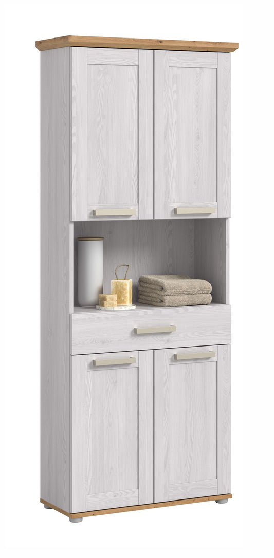 Breiter Badhochschrank in Weiß mit Holzoberplatte und zwei Türen im Landhausstil