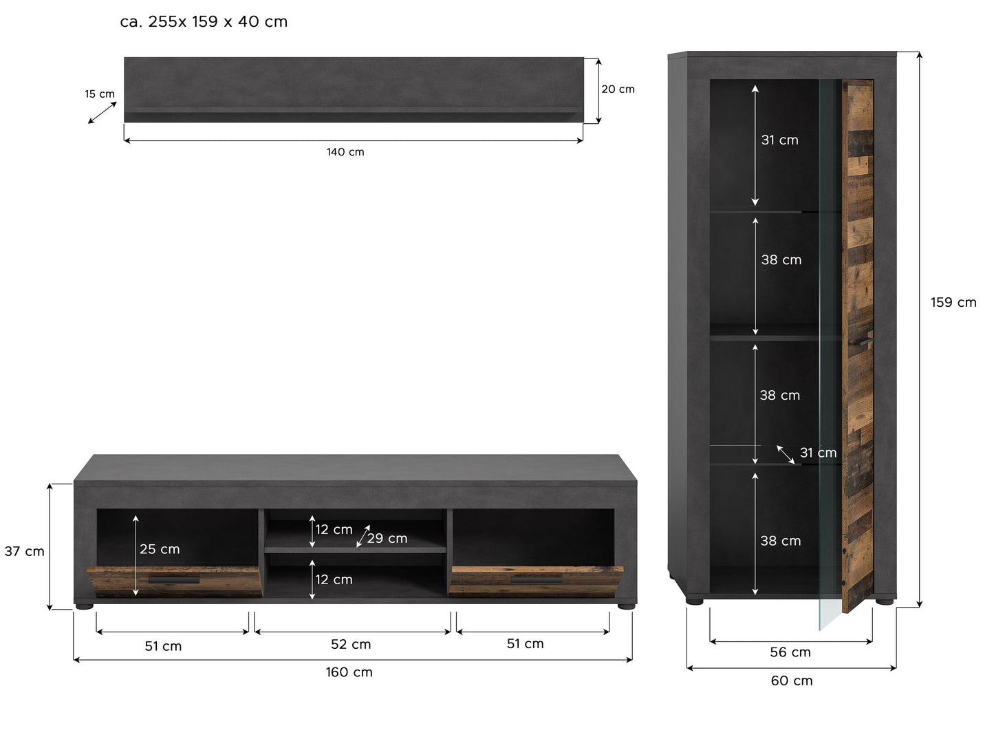 Ensemble mural JAM (L/H/P : env. 235/159/40 cm) en imitation chêne Wotan/gris