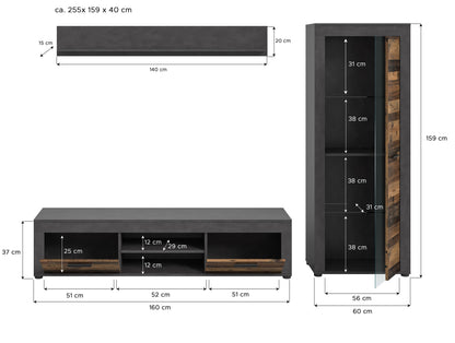 Ensemble mural JAM (L/H/P : env. 235/159/40 cm) en imitation chêne Wotan/gris