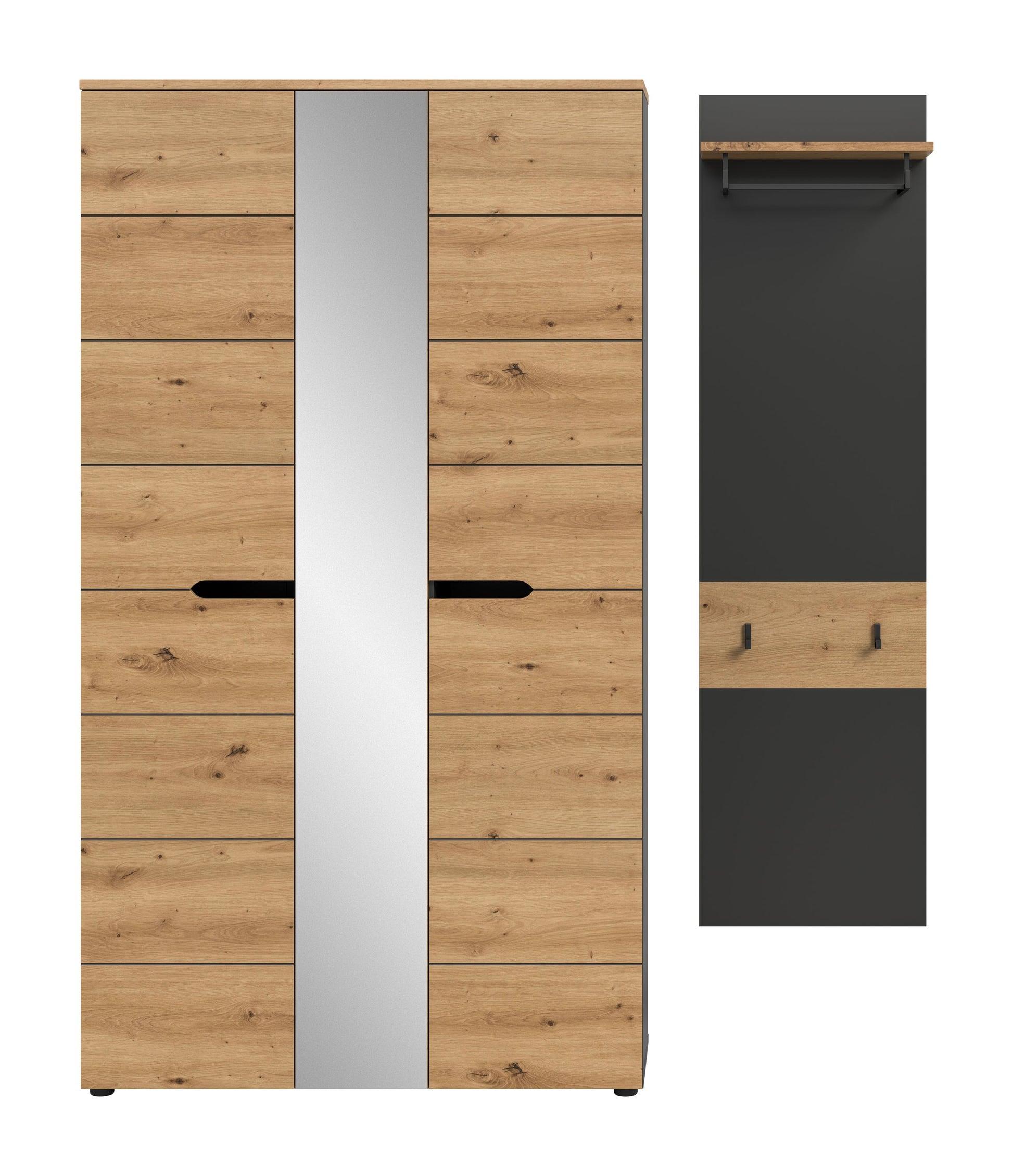 Garderobenschrank mit Spiegeltür und Garderobenpaneel mit Haken, helles Holz, Anthrazit