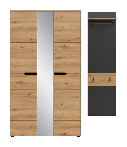 Garderobenschrank mit Spiegeltür und Garderobenpaneel mit Haken, helles Holz, Anthrazit