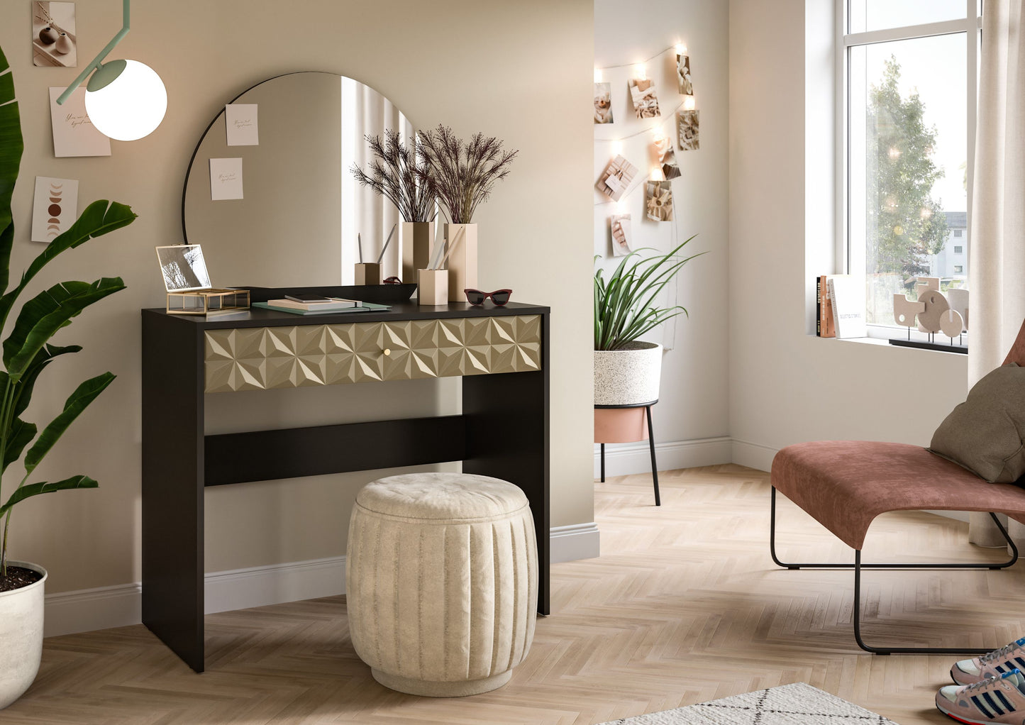 Homes & Jones Schminktisch 90 cm breit mit Spiegel in rund, Jugendzimmermöbel