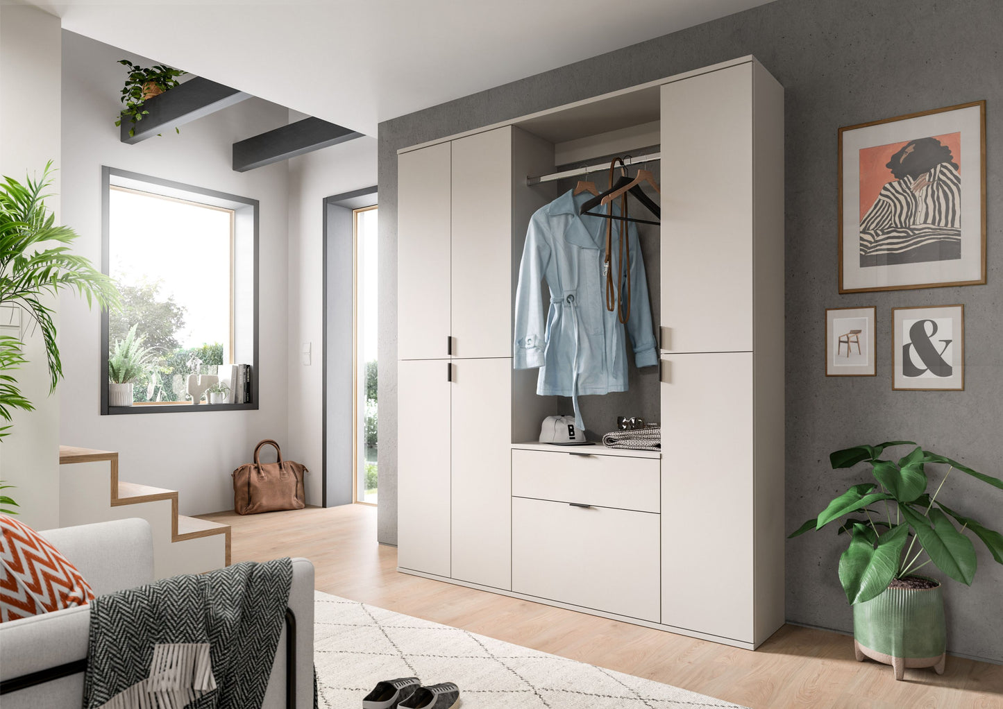 Garderobenset mit Schrank und Paneel, weiß, mit Hutablage und Kleiderhaken im Flur
