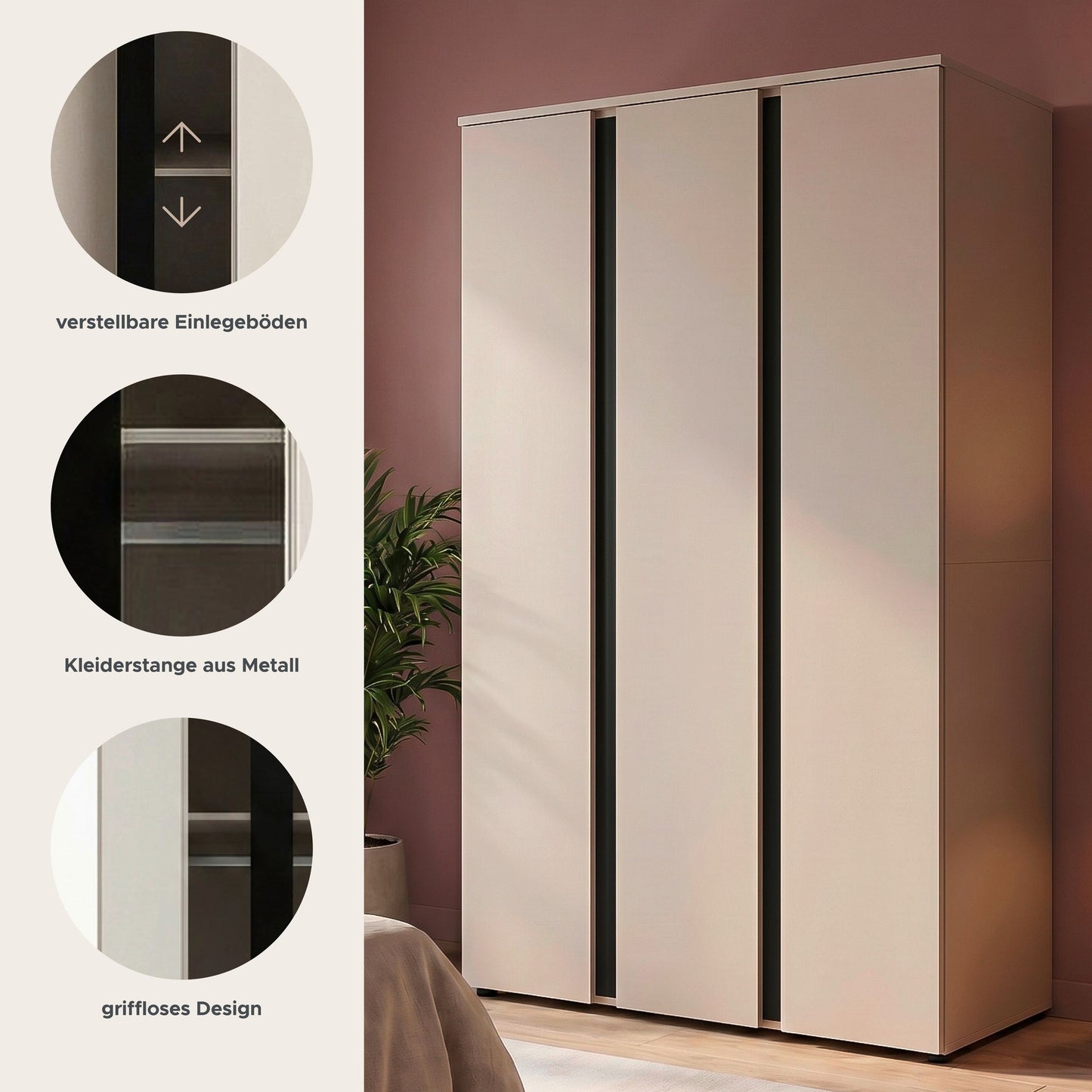 Amara Kleiderschrank 3-türig (B/H/T: 121x184x52 cm) in Kaschmir