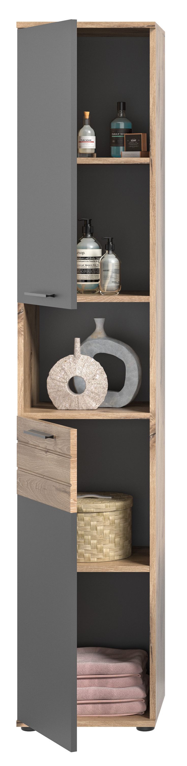 Armoire haute MASON (L/H/P : env. 37/190/34 cm) en imitation chêne Nox/gris basalte