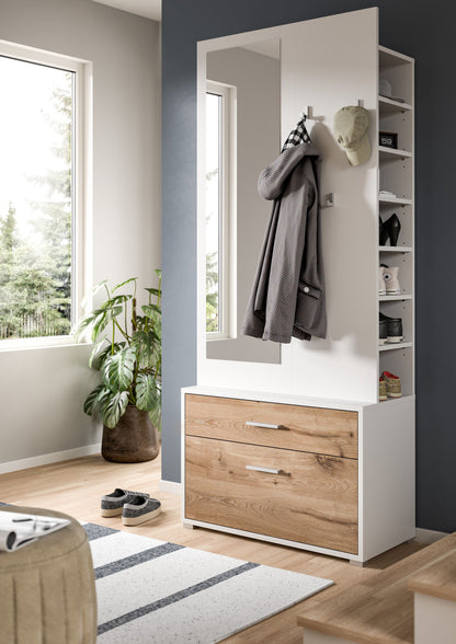Garderobe mit Spiegel, Haken, offener Schrankseite und zwei Schubladen