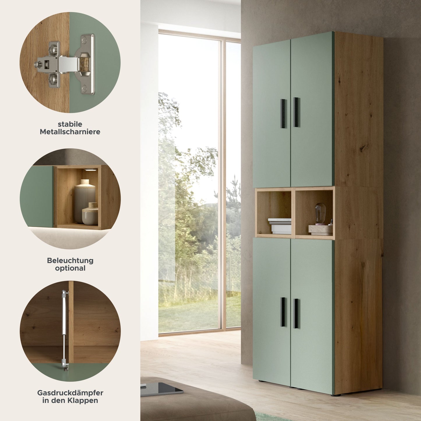 Wall Unit THE ONE (W/H/D: approx. 65/178/34 cm) in Artisan Oak finish/Smoke Green