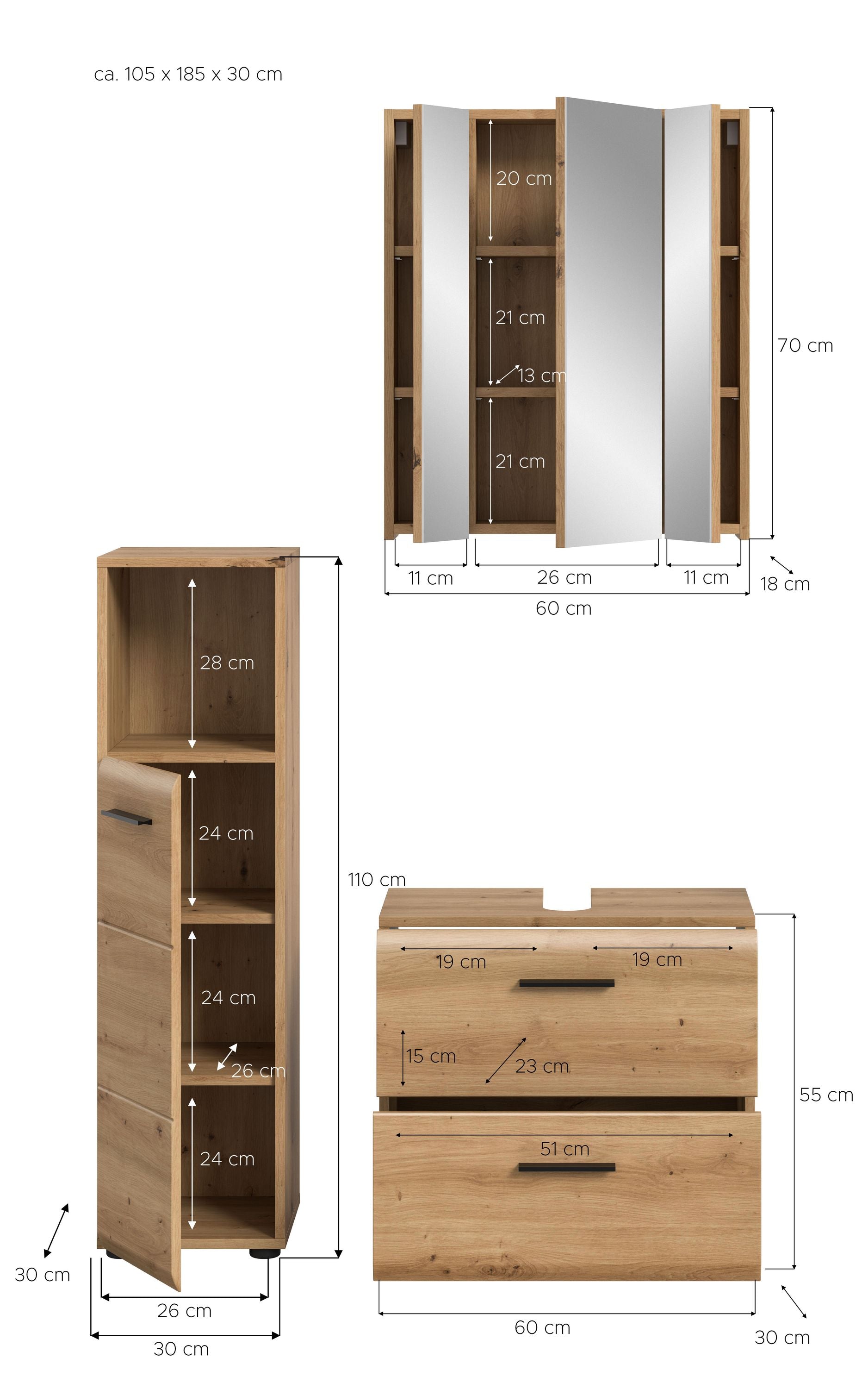 Badezimmer-Set (3-tlg.): Hochschrank, Waschtischunterschrank und Spiegelschrank in Holz-Braun