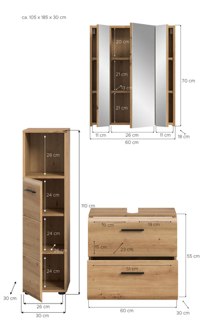 Badezimmer-Set (3-tlg.): Hochschrank, Waschtischunterschrank und Spiegelschrank in Holz-Braun