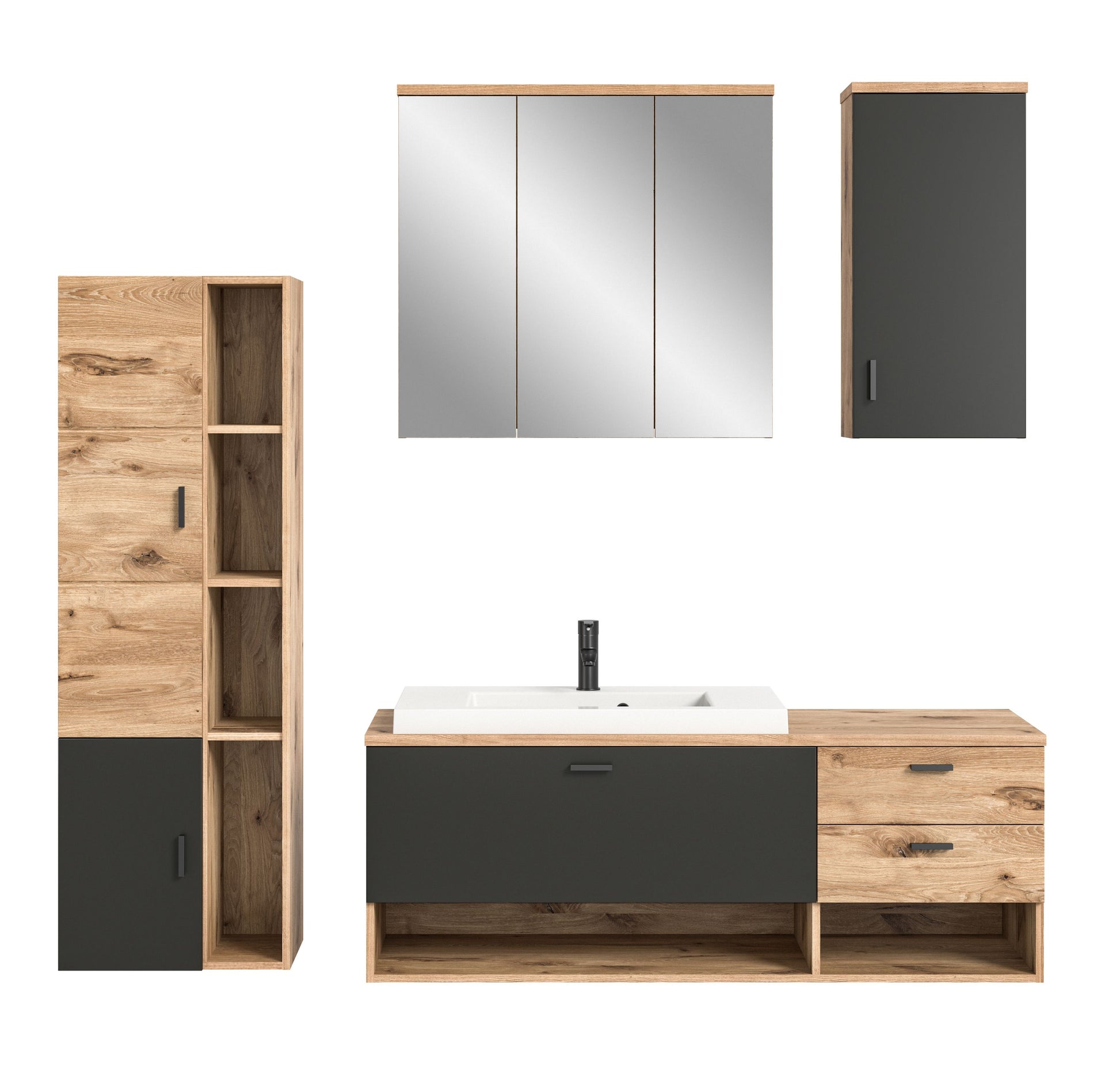 Badmöbelkomplettset Homes & Jones mit Hänge-Spiegelschrank, Waschtisch und hoher Schranknische