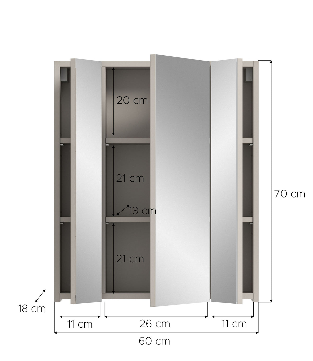 Badspiegelschrank geöffnet, Maße und Fachabstände sichtbar: 60×70 cm