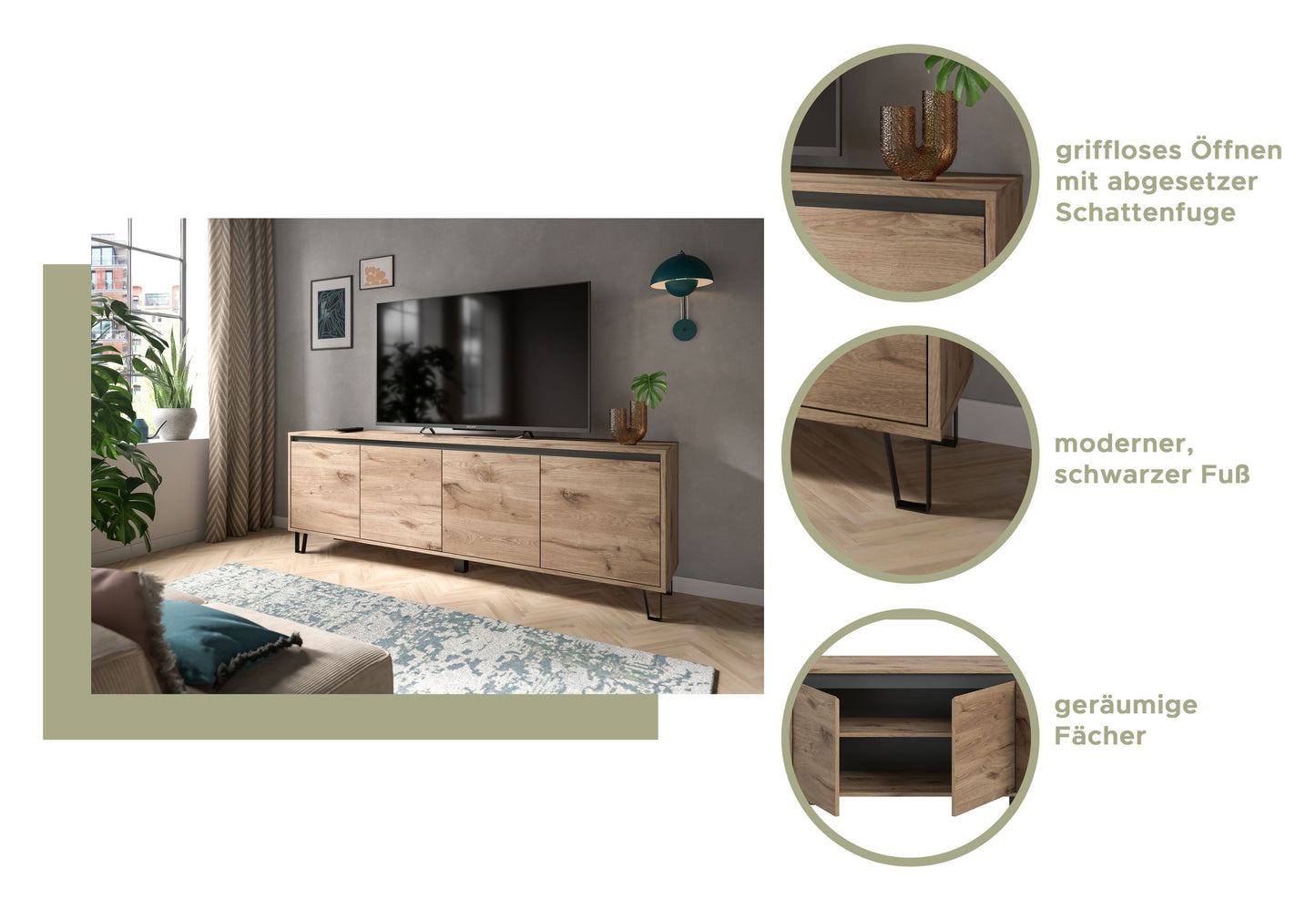 Infografik zum Lowboard: grifflose Öffnung, Schattenfuge und geräumige Fächer