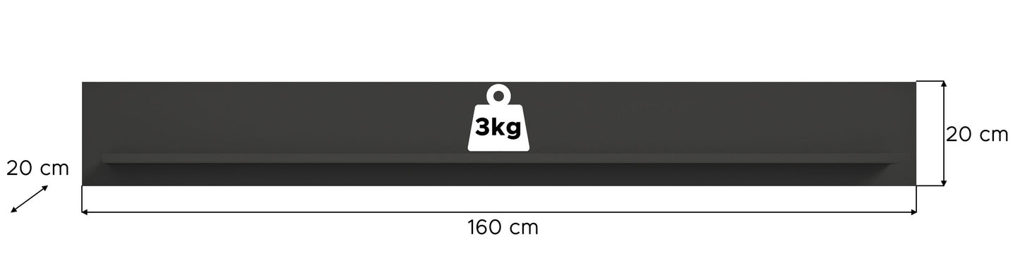 Wandboard Maße: 160 cm Breite, 20 cm Tiefe, max. Traglast 3 kg