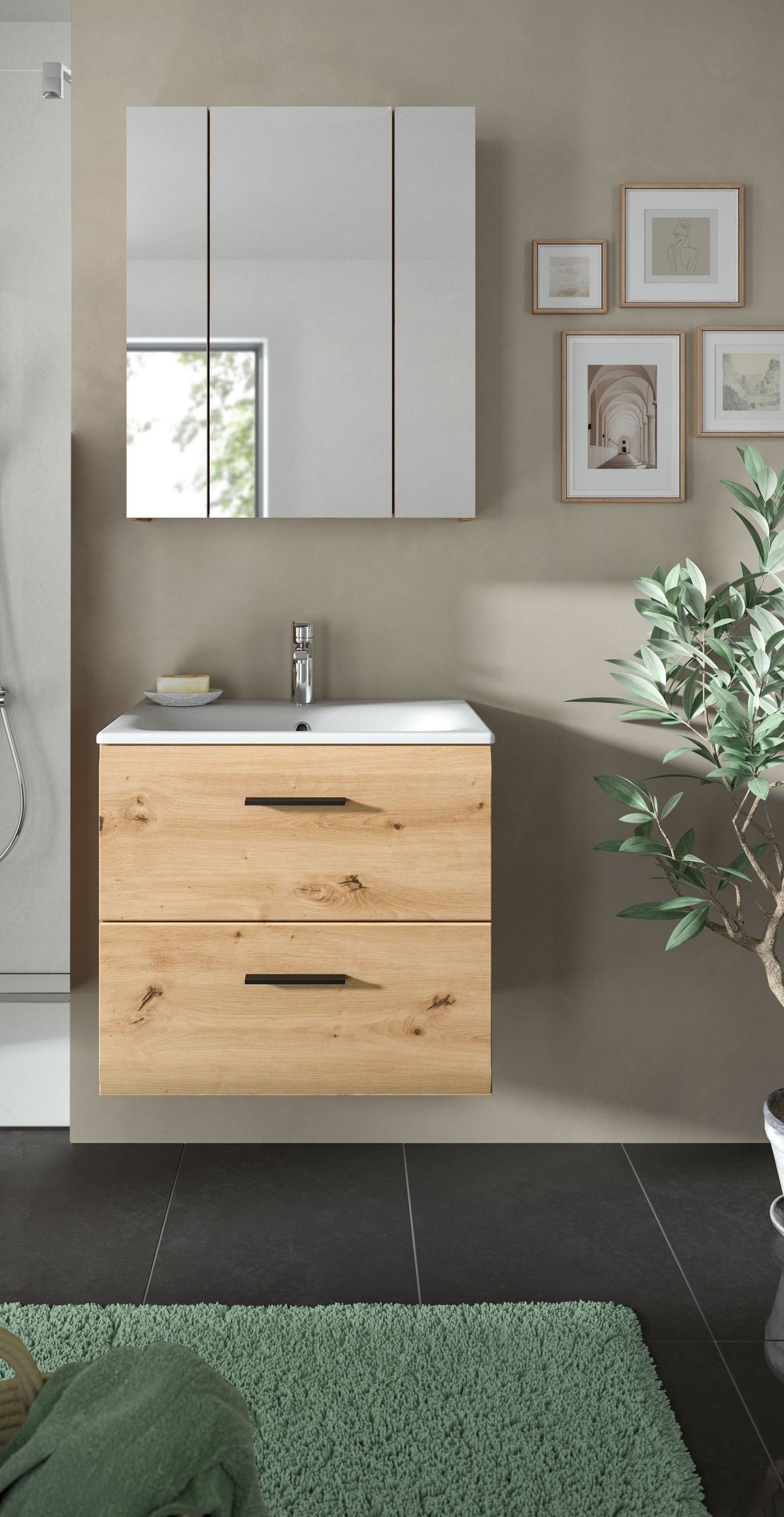 Badezimmermöbel-Set 3-tlg. mit hellem Waschtischunterschrank und Spiegelfront