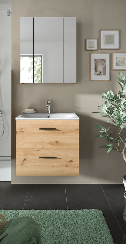 Badezimmermöbel-Set 3-tlg. mit hellem Waschtischunterschrank und Spiegelfront