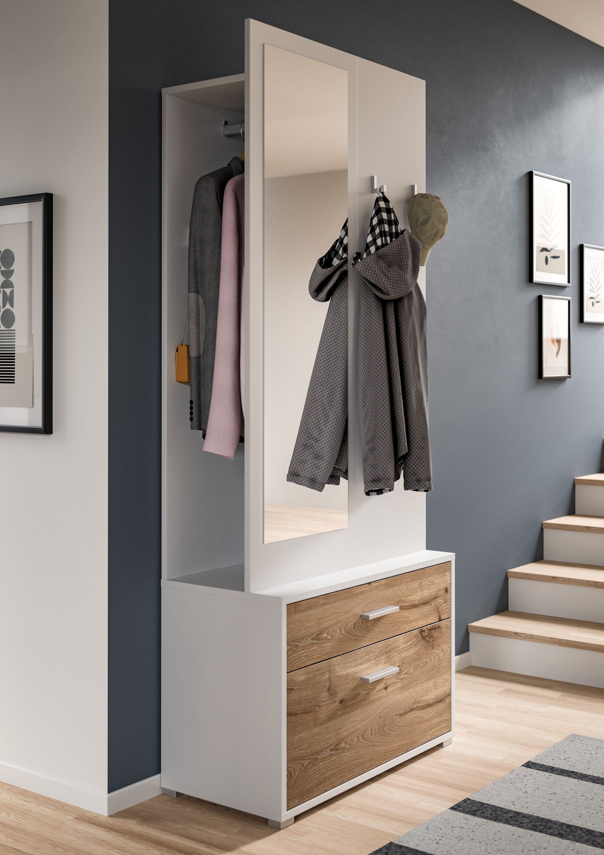 Garderobe mit Spiegel, Haken und zwei Schubladen, daneben offene Fächer