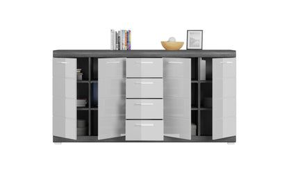 Commode SCOUT (L/H/P : env. 165/85/37 cm) en imitation argent fumé/blanc brillant
