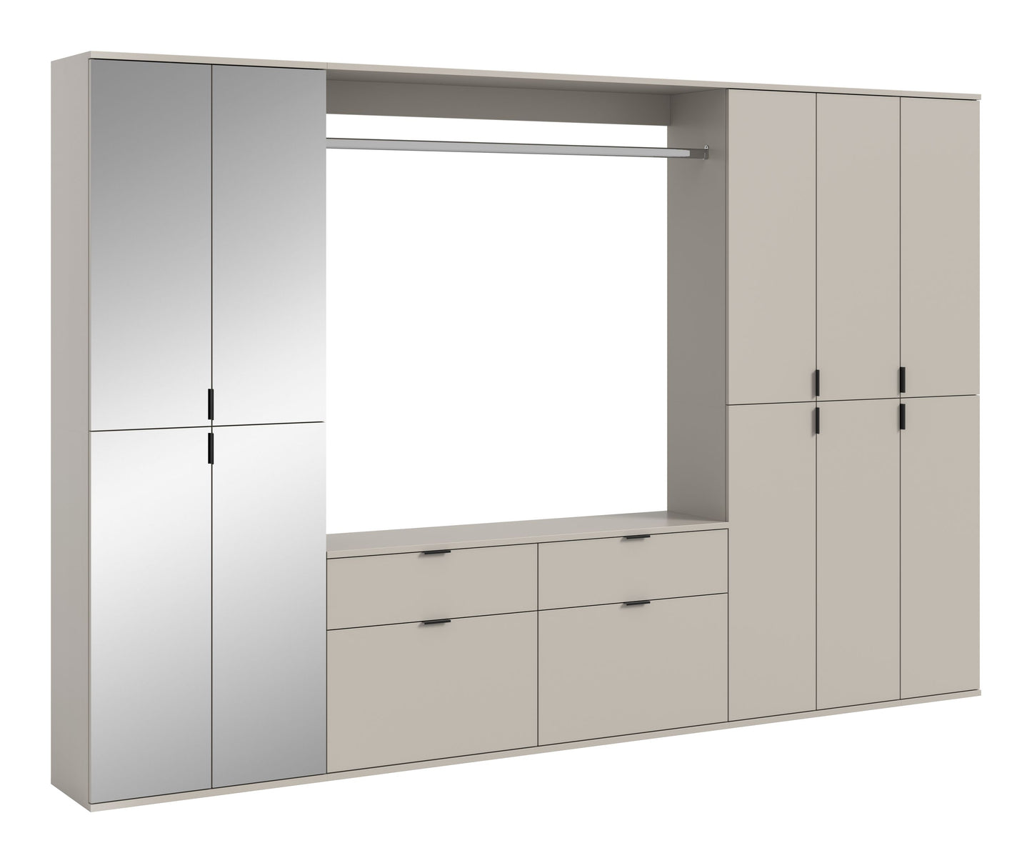 Garderoben- und Schuhschrank-Set mit 4 Türen, offene Nische mit Schubladen und Ablage