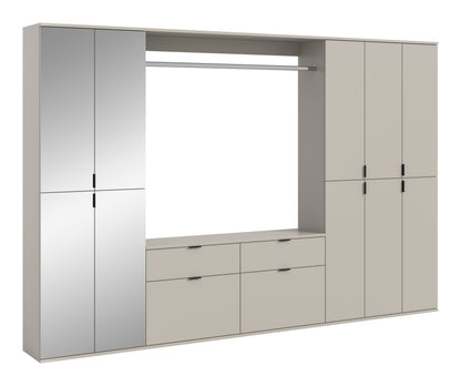Garderoben- und Schuhschrank-Set mit 4 Türen, offene Nische mit Schubladen und Ablage