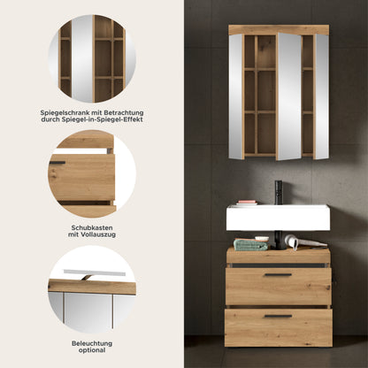Spiegelschrank über Badschrank, weiße Fronten mit Holzdekor, Ausstattungsdetails