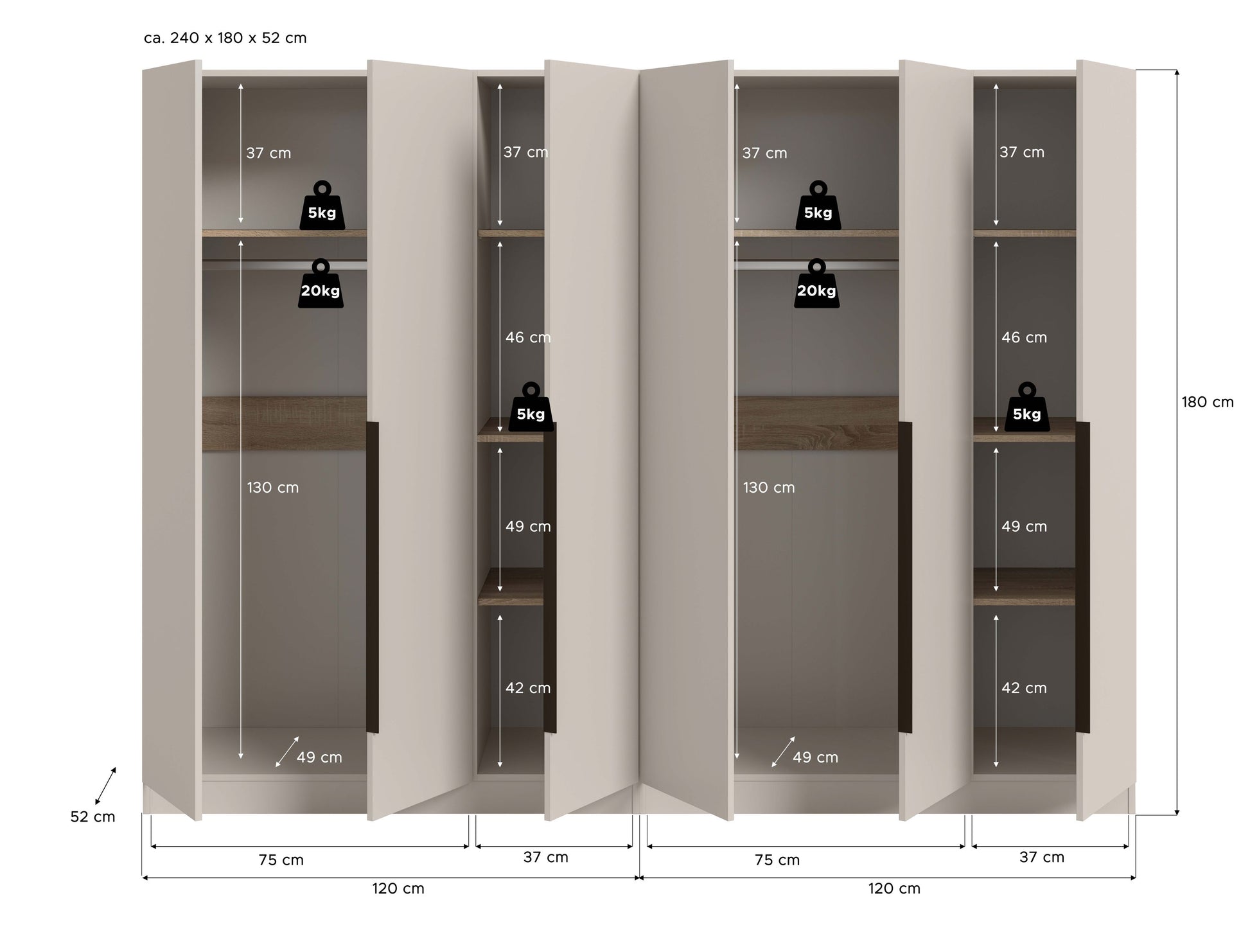 Homes & Jones Universalschrank 2-tlg., Maßzeichnung in Hellbeige mit Innenaufteilung
