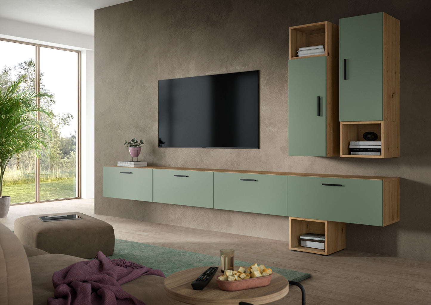 Meuble TV mural THE ONE (L/H/P : env. 300/178/34 cm) en imitation chêne Artisan/vert fumé