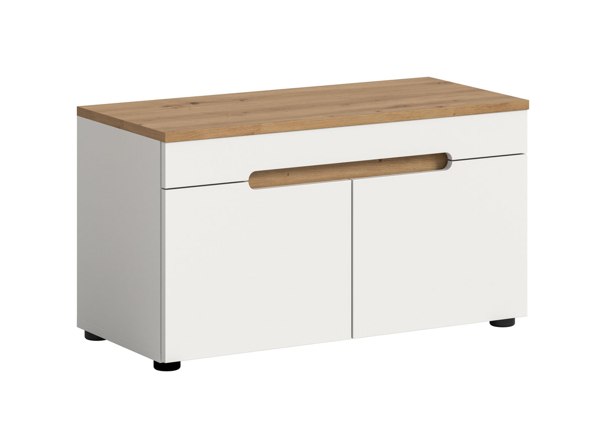 Homes & Jones Garderoben-Sitzbank mit weißem Korpus und Holzdeckplatte, braunem Griff